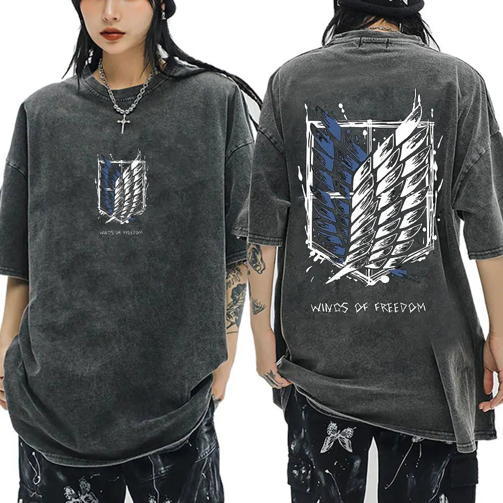 Anime Attack on Titan Washed T-Shirt Ackerman Mikasa Eren Jaeger Cherry Blossom Graphics Logo T Shirt Men Women Cotton T Shirts