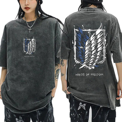 Anime Attack on Titan Washed T-Shirt Ackerman Mikasa Eren Jaeger Cherry Blossom Graphics Logo T Shirt Men Women Cotton T Shirts