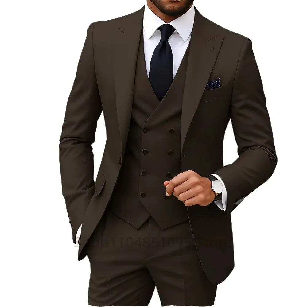 Slim Fit 3-Piece Men's Suit Set for Office Formal Business Wedding Groom Tuxedos Jacket Vest Pants Casual Male Men Clothing
