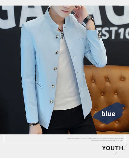 2024 Men's Slim Fit Long Sleeve Casual Suit Korean Trend Stand Collar Fashion Handsome Male Suit