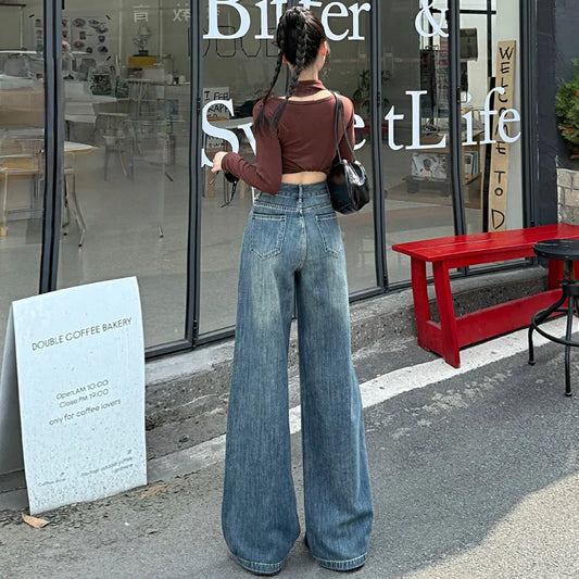 High Waisted Wide Leg Jeans Women Cotton Retro Denim Y2k Loose Fashion Design Sense Pant Streetwear Baggy Straight Trouser Woman