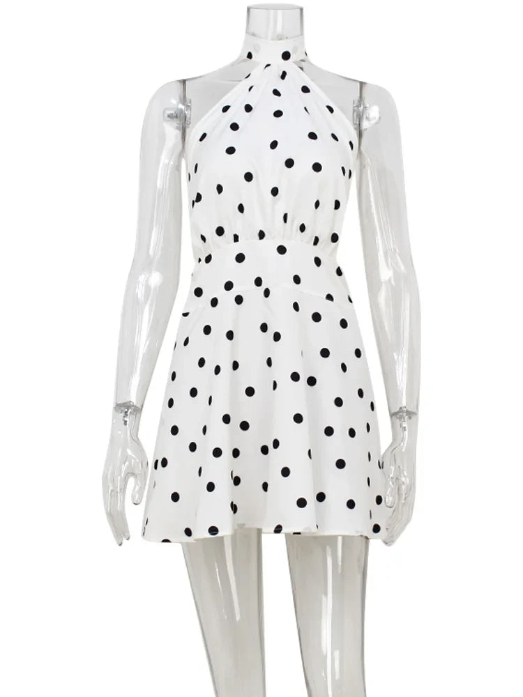 2025 Summer Women's Mini Dresses Dot Halter Bandage Slim Backless Beach Style Sleeveless Skinny Female Vestidos Robes