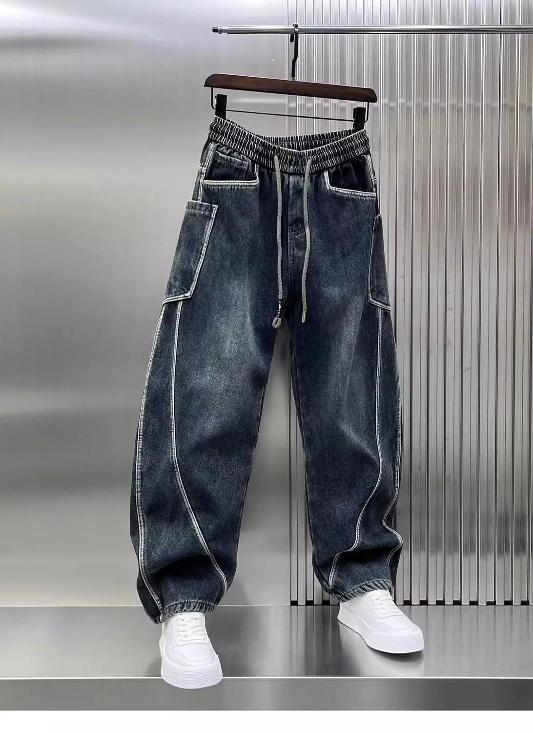 Spring Autumn 2025 New Splicing Cutting Elastic Waist Large Size Boys Washed Loose Wide Leg Big Pocket Scimitar Drawstring Jeans