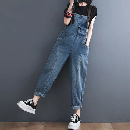 Loose Women's Denim Overalls Faionable Spring Summer High Waist Long Pants Thermal Properties Deep Color Korean Sle