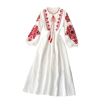 n Sle Embroidered Flower Long Sve Loose Fit Lantern Sve Gathered Slimming A-Line Dr Women's round Ne Dr