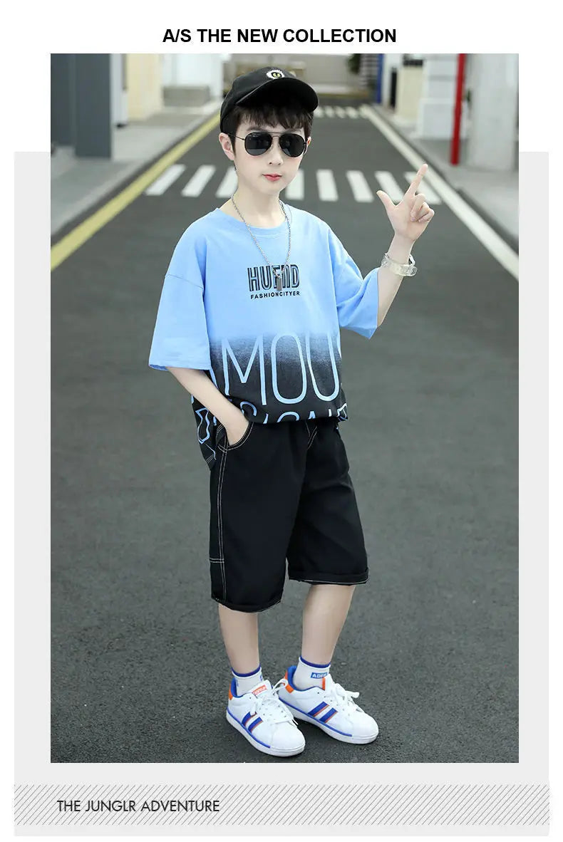 Summer Boys Cotton Contrast Alphabet t-Shirt Tops+Denim Shorts Pant School Kids Tracksuit Child 2PCS Outfit Workout Set 5-16 Yrs
