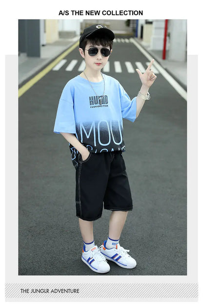Summer Boys Cotton Contrast Alphabet t-Shirt Tops+Denim Shorts Pant School Kids Tracksuit Child 2PCS Outfit Workout Set 5-16 Yrs