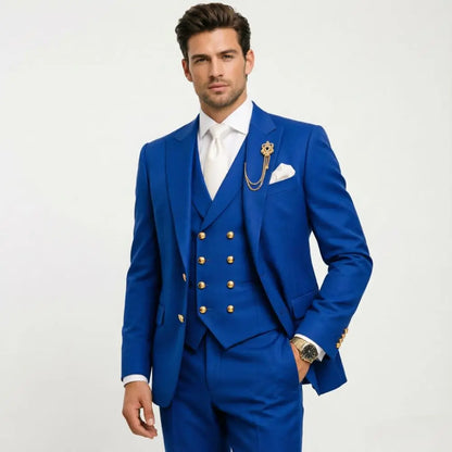 Mens White 3 Pieces Slim Fit Wedding Tuxedo Gold Buttons Peak Lapel Vest Formal Blazer Pants Groom Prom Office Evening Wear