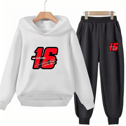 Children Hoodie Racing Sports driver number 16 Boys Girls Print Pullover 3-12Yrs Coat +Pants Toddler Clothes Leisure Black Set