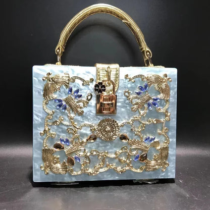 Luxury Designer Shimmer Acrylic Box Glitter Rhinestones Diamond Evening Bag Wedding Party Clutch Purse Shoulder Messenger Bag
