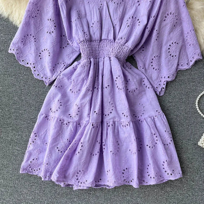 White/Purple/Blue V Neck Summer New Lace Embroidery Dress Women Short Sleeves Dresses Female Vintage Party Beach Midi Dresses
