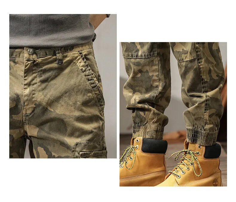 Length Men's Cargo Pant Cotton Stretch Casual Camouflage Trouser Male Camo Cuff Jogger Multi Zip Pocket Outfit Zipper Tied