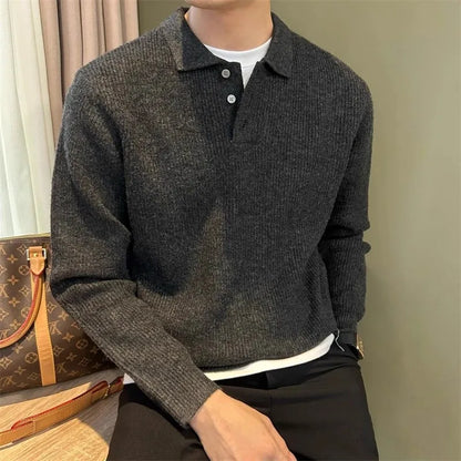 Mens Knit Sweater Autumn Winter Pullover Korean Soft Heavyweight Knit Polo Sweaters Minimalist Long Sleeve Solid Casual Top