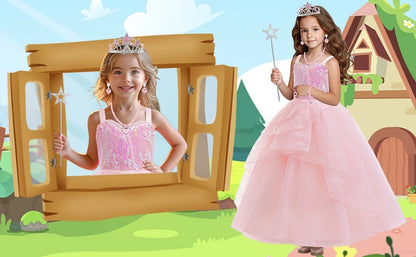 Movie Good Witch Costume Kids Pink Dress With Crown Magic Wand And Gloves For Girls Evil Halloween Birthday Party Prom Outfits