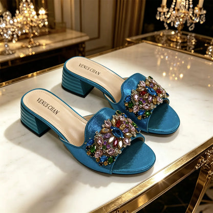 2026 Silver Rhinestone Mules Matching Bag Set Women Peep Toe Block Heel Sandals Wedding Evening Crossbody Handbag