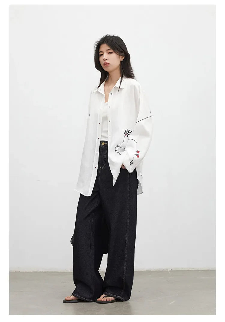 Fashion Women Shirt White Single-breasted Loose Casual Long Sleeve Pony Embroidered Female Blouses Spring Summer 2026