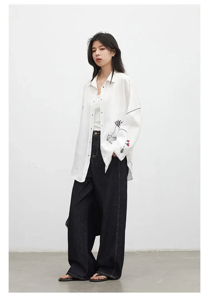 Fashion Women Shirt White Single-breasted Loose Casual Long Sleeve Pony Embroidered Female Blouses Spring Summer 2026