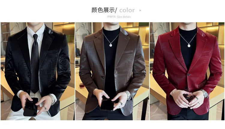 New High Quality Crocodile Stripe Slim Fit Leather Jacket Classic Business Casual Slim Fit Men Blazer Tuxedos Men Clothing 4XL-M