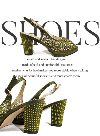 2025 New Rhinestone Design African-Inspired Shoe and Bag Set Olive Toe-Exposing Comfortable Women's High Heels Trending on INS