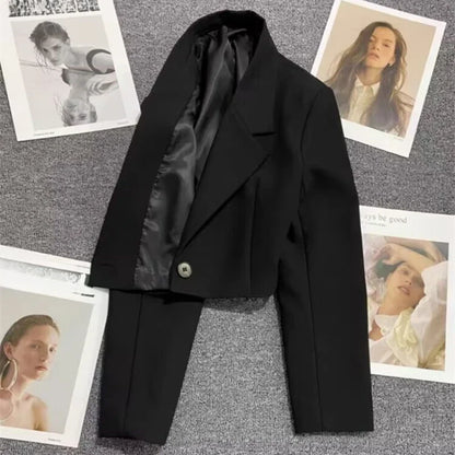 Black Cropped Blazers Woman Trend 2025 New All-match Notched Collar Crop Jacket Women Korean Chic Single Button Suit Coat