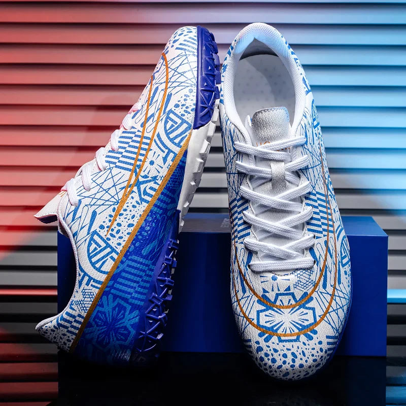 High quality, high-top football shoes, unisex style, comfortable, breathable, available in TF and FG options.  Sole spikes