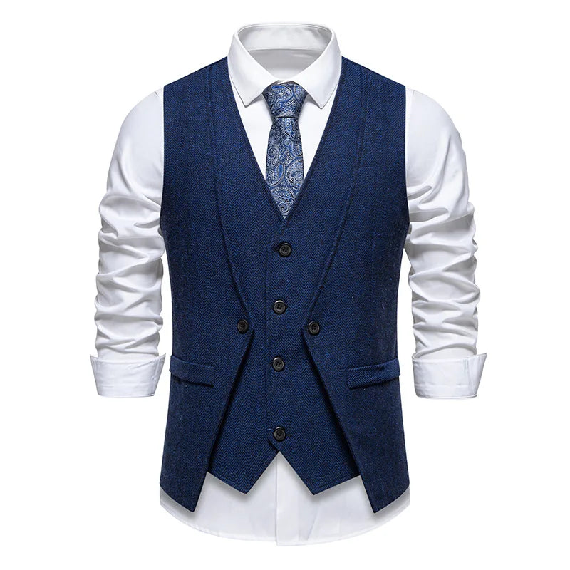 Waistcoat Man British Style Turn Down Collar Men Vest Slim Solid Double-breasted Sleeveless Versatile Male Suit Vest