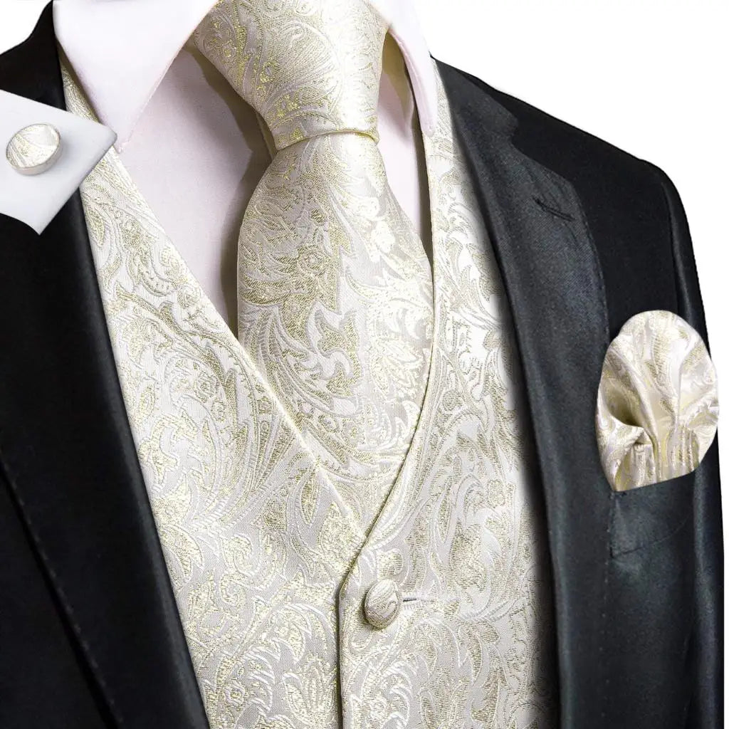 Beige Yellow Silk Mens Vest Hanky Cufflinks Set Jacquard Floral Social Waistcoat Sleeveless Jacket for Wedding Business