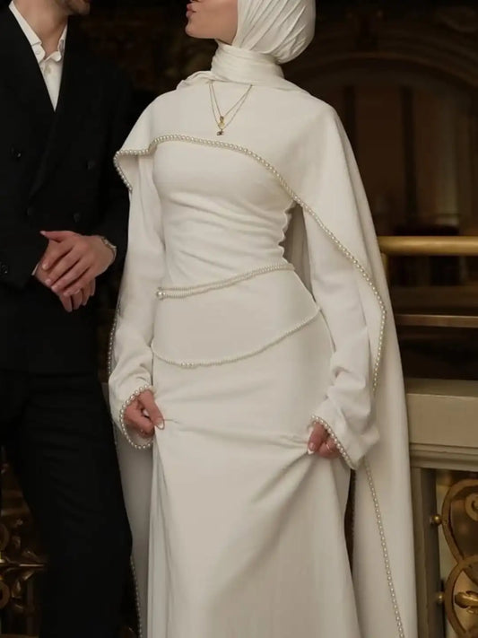 Pearls Prom Dresses Cape Full Sleeves Long Mermaid Wedding Dresses Formal Luxury Dubai Prom Gowns Customized