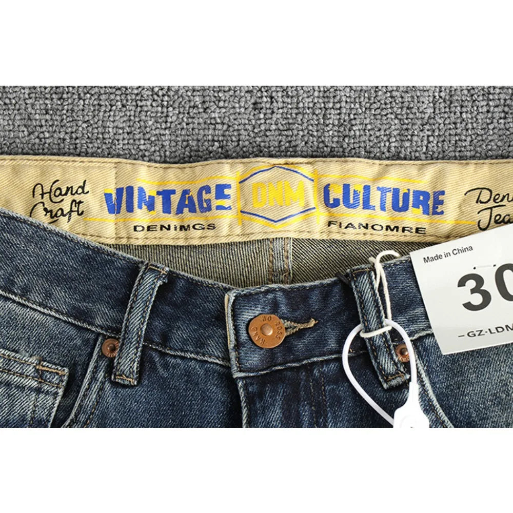 Embroidery embellished white to do old American vintage jeans men slim small straight leg fashion all-match youth pants