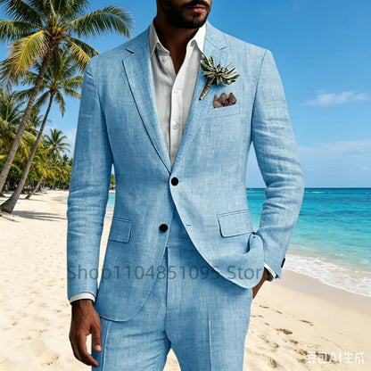 Beige Linen 2 Piece Men's Slim Fit Suit Notch Lapel Two Buttons Blazer And Pants Set for Groom Tuxedos Wedding Prom Beach Summer