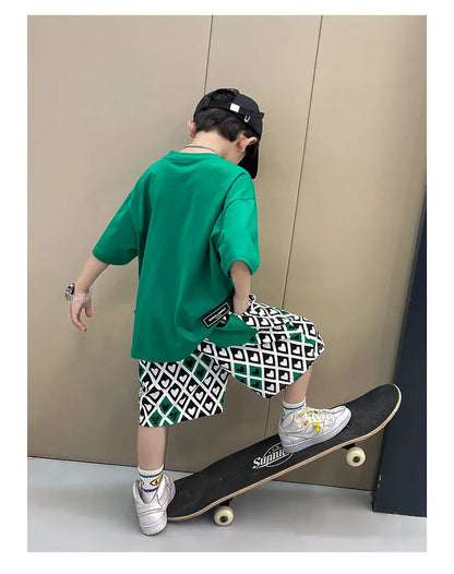 Summer Boys Cotton Short-Sleeved T-shirt Tops+Drawstring Shorts Pant School Kids 2PCS Tracksuit Child Outfit Workout Set 3-14 Yr
