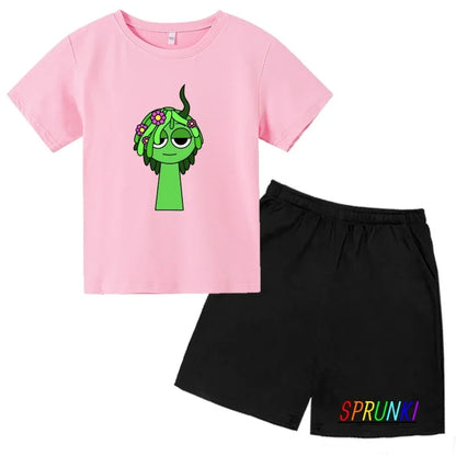 2026 Sprunki Kids T-Shirt + Shorts Set, Boys Girls Cartoon Game Printed Cotton Short Sleeve 2Pcs Summer Casual Outfit