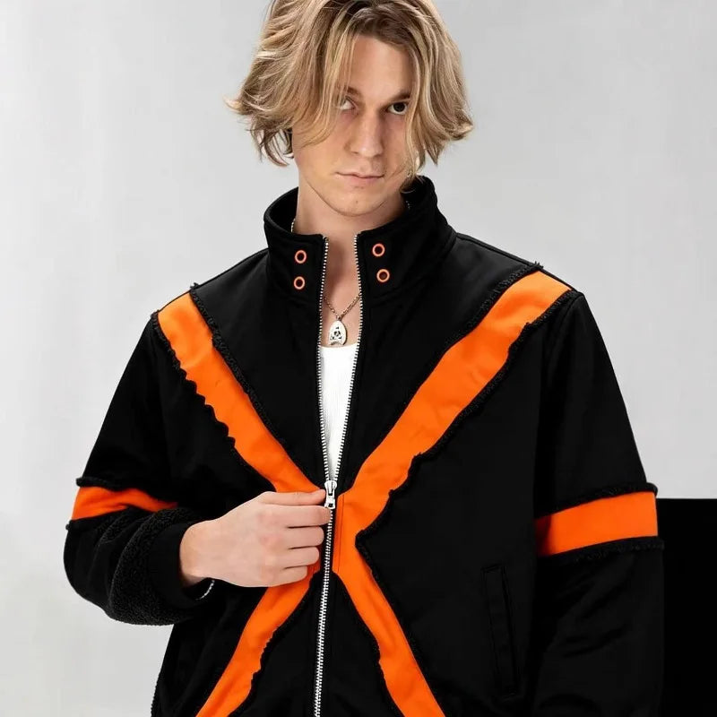 Mens Jacket Harajuku American Streetwear Color Block Patchwork Zip Up Long Sleeve Coat Loose Fit Casual Unisex Fashion Trend New