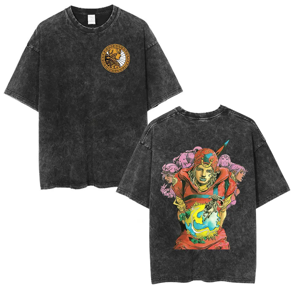 Anime Jojo Bizarre Adventure STEEL BALL RUN Manga Vintage Acid Washed T Shirt Men Women Casual Short Sleeves T-shirt Streetwear