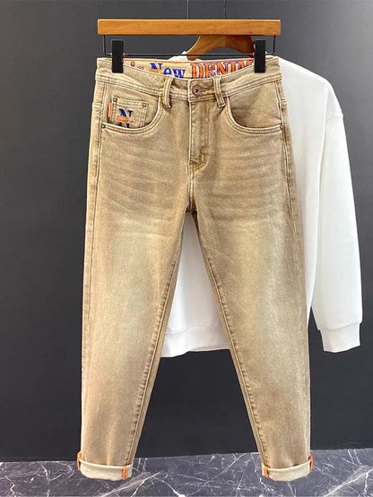 Elegant Slim Fit Men's Jeans Casual Khaki Straight Leg Elastic Fashionable City Style Summer Denim Pants Youth Wear