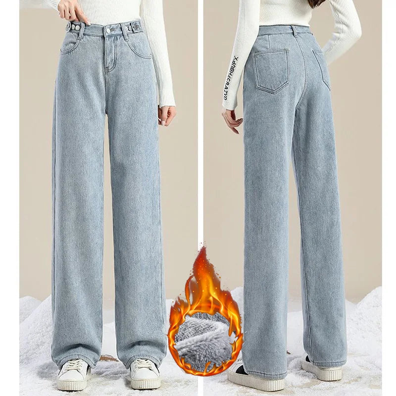 Winter Girls Plush Thermal High Waist Solid Jeans Lady Fleece Snow Warm Denim Pants Women Baggy Straight Leg Daily Trousers