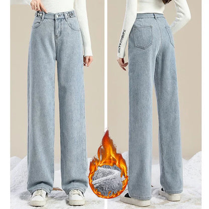 Winter Girls Plush Thermal High Waist Solid Jeans Lady Fleece Snow Warm Denim Pants Women Baggy Straight Leg Daily Trousers