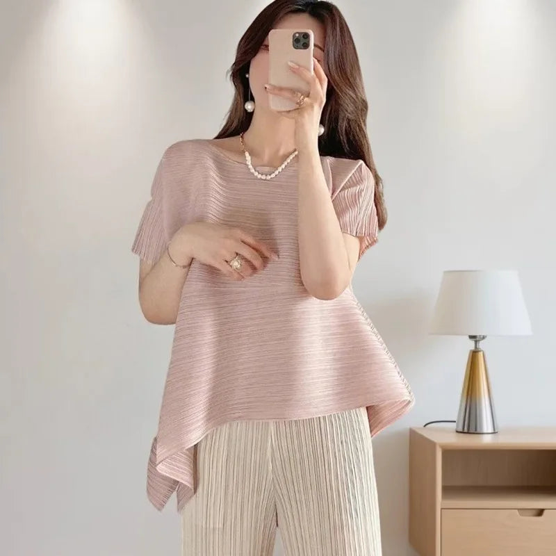 Miyake Irregular Short Sleeve Pleated Top Simple Loose Plus Size with Stretch T-Shirt Vacation Office Clothing Polyester Crepe