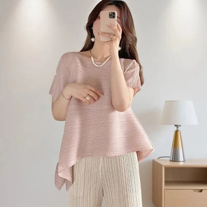 Miyake Irregular Short Sleeve Pleated Top Simple Loose Plus Size with Stretch T-Shirt Vacation Office Clothing Polyester Crepe