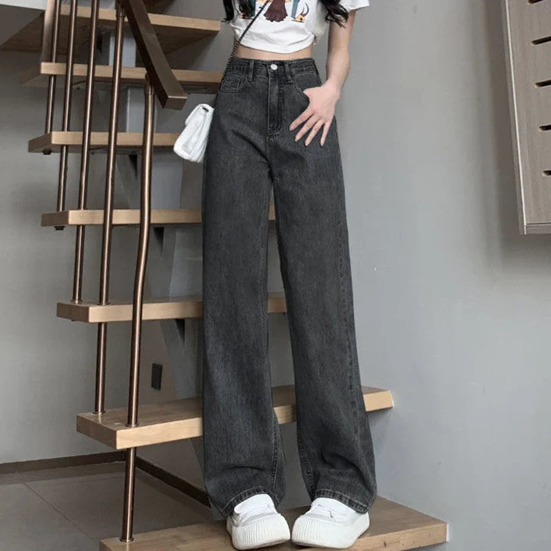 Woman Vintage Wide Leg Jeans Girls High Waist Pants Female Fashion Black Black Grey Retro Blue Light Blue Pink Denim Trousers