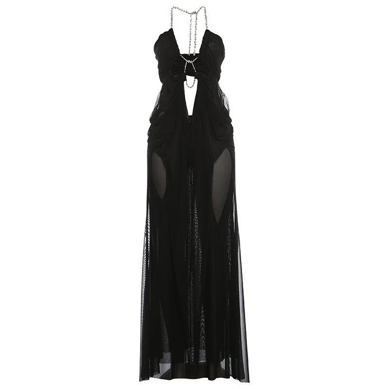 Prom Party Gown Dress Woman Sexy See Through Luxury Chain Halter Low-Neck Backless Sleeveless Midnight Elegant Vestidos