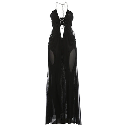 Prom Party Gown Dress Woman Sexy See Through Luxury Chain Halter Low-Neck Backless Sleeveless Midnight Elegant Vestidos