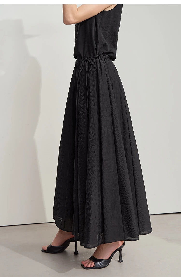 Minimalist New Summer Knee Length A-line Skirt Women Adjustable Drawstring Solid Color Commuting Style Loose Skirt 12522025