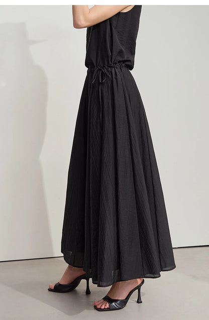 Minimalist New Summer Knee Length A-line Skirt Women Adjustable Drawstring Solid Color Commuting Style Loose Skirt 12522025