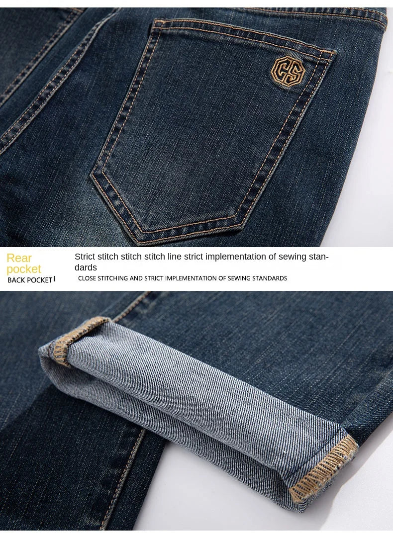 2025 New High-end High-quality Denim Double-core Cotton Elastic Jeans Retro Nostalgic Men's Straight-fit Trousers
