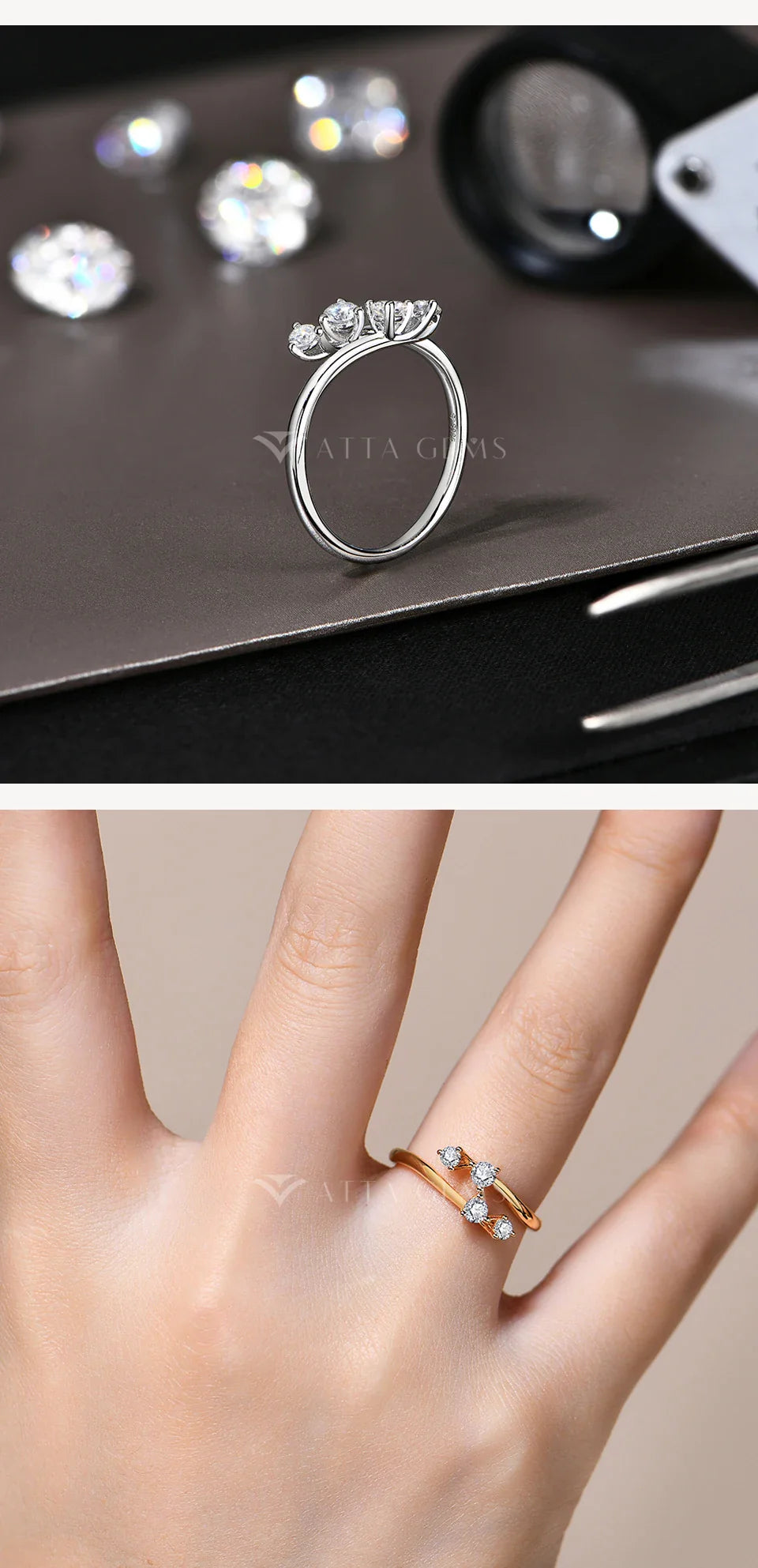 Moissanite Rings for Women VVS1 Round Cut Diamonds S925 Silver Twining Wedding Band Adjustable Engagement Bride Jewelry