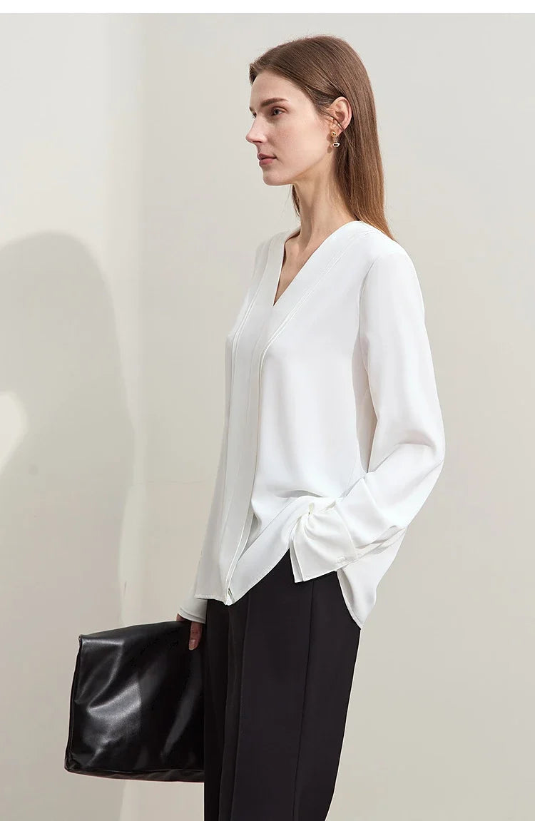 Autumn New Elegant Blouses Women 2025 V-neck Solid Long Sleeve Shirts Female Fashion Office Lady Straight Clothing 12521087