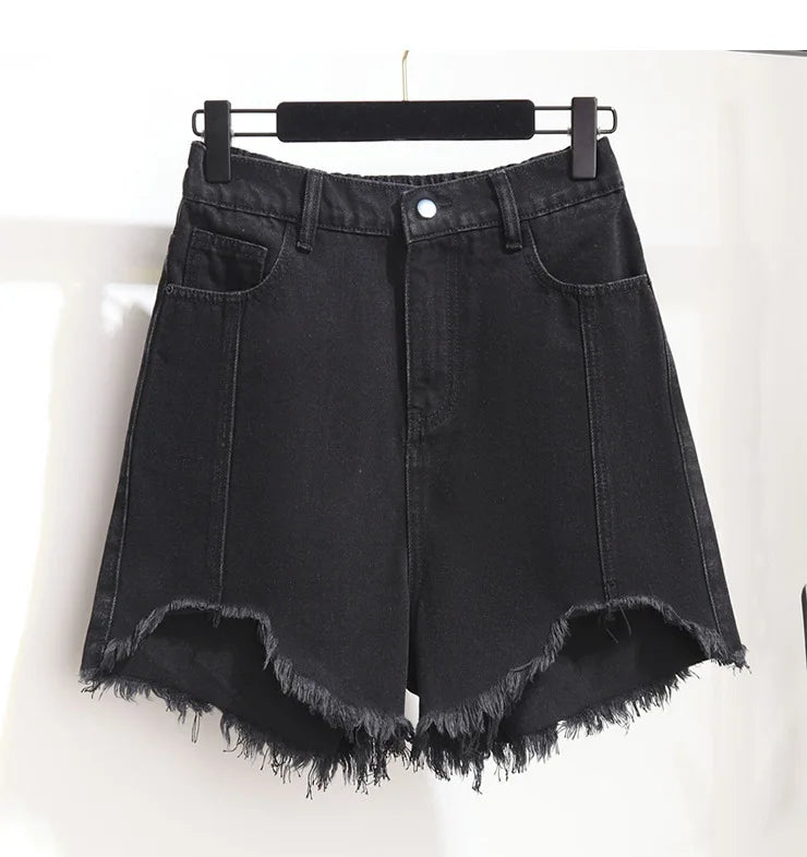 Summer High-waisted Denim Shorts Women Fur-trimmed Zipper Pocket 7XL Jeans Casual Fashion Loose Patchwork Short Pants