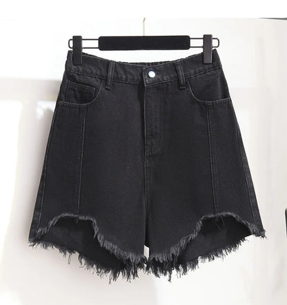 Summer High-waisted Denim Shorts Women Fur-trimmed Zipper Pocket 7XL Jeans Casual Fashion Loose Patchwork Short Pants