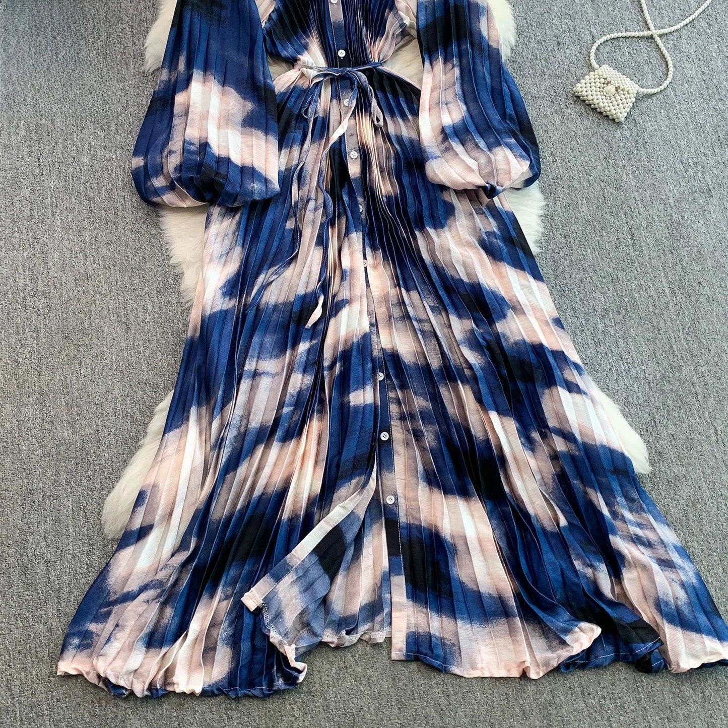 Ele Printed round Ne Lantern Sve Dr Women's Single Button Waist Cinch Maxi Skirt Long Dr Commute Sle Autumn
